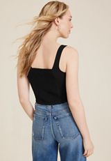 Knit Corset Square Neck Tank Top, BLACK, small