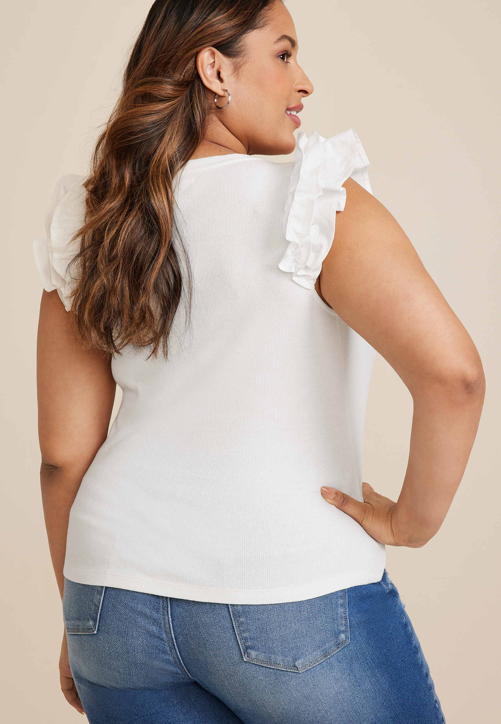 Plus Size Poplin Ruffle Sleeve Tank Top, C4673, large
