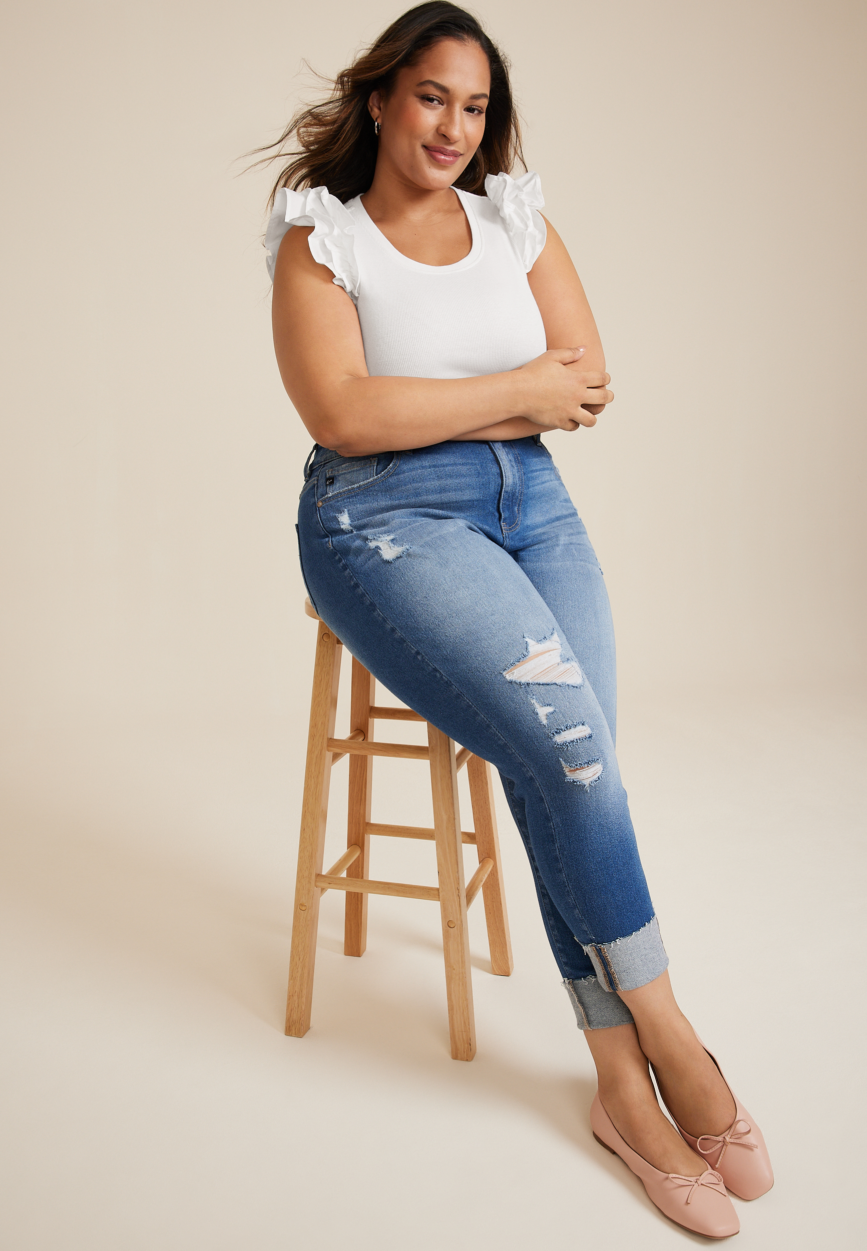 Plus Size Poplin Ruffle Sleeve Tank Top, C4673, large