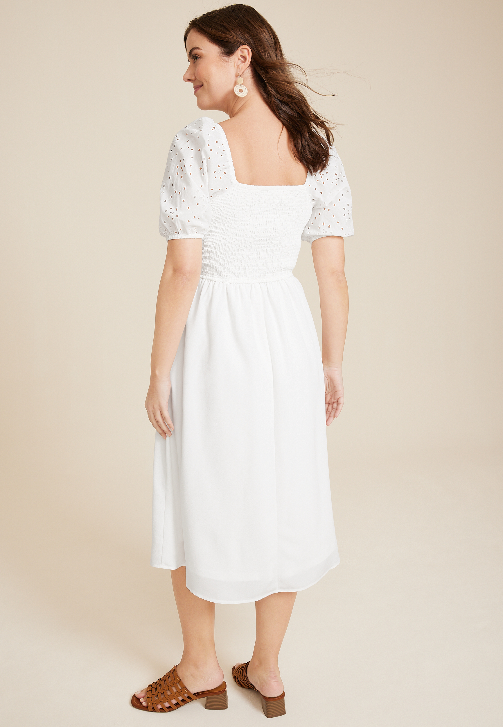 Eyelet Puff Sleeve Midi Dress | maurices