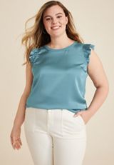 Plus Size Satin Ruffle Sleeve Tank Top, C4069, small