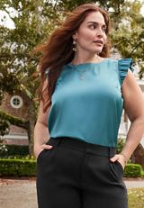 Plus Size Satin Ruffle Sleeve Tank Top, C4069, small