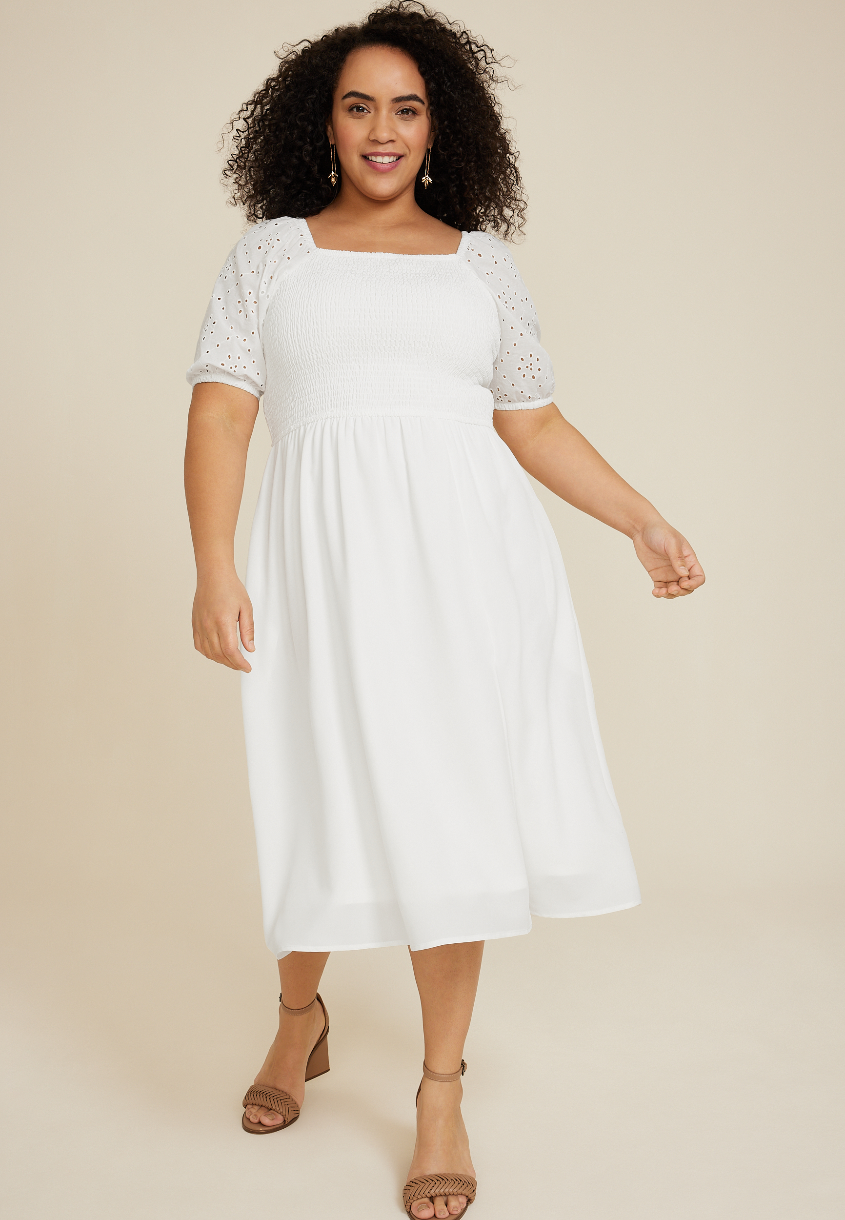 Plus Eyelet Puff Sleeve Midi Dress