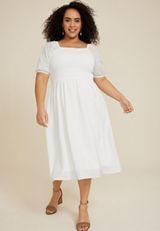 Plus Size Eyelet Puff Sleeve Midi Dress, C4673, small