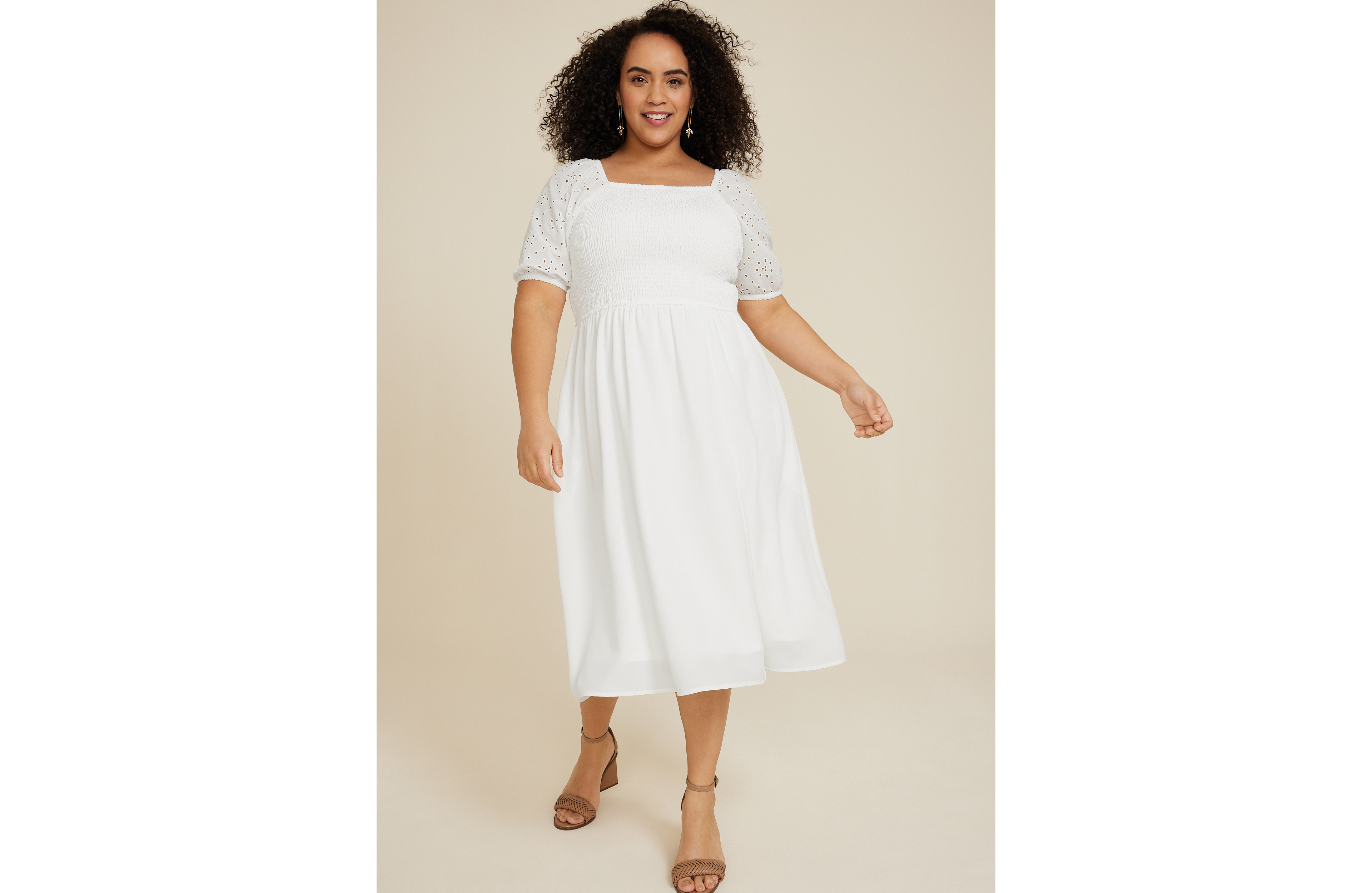 Plus Eyelet Puff Sleeve Midi Dress
