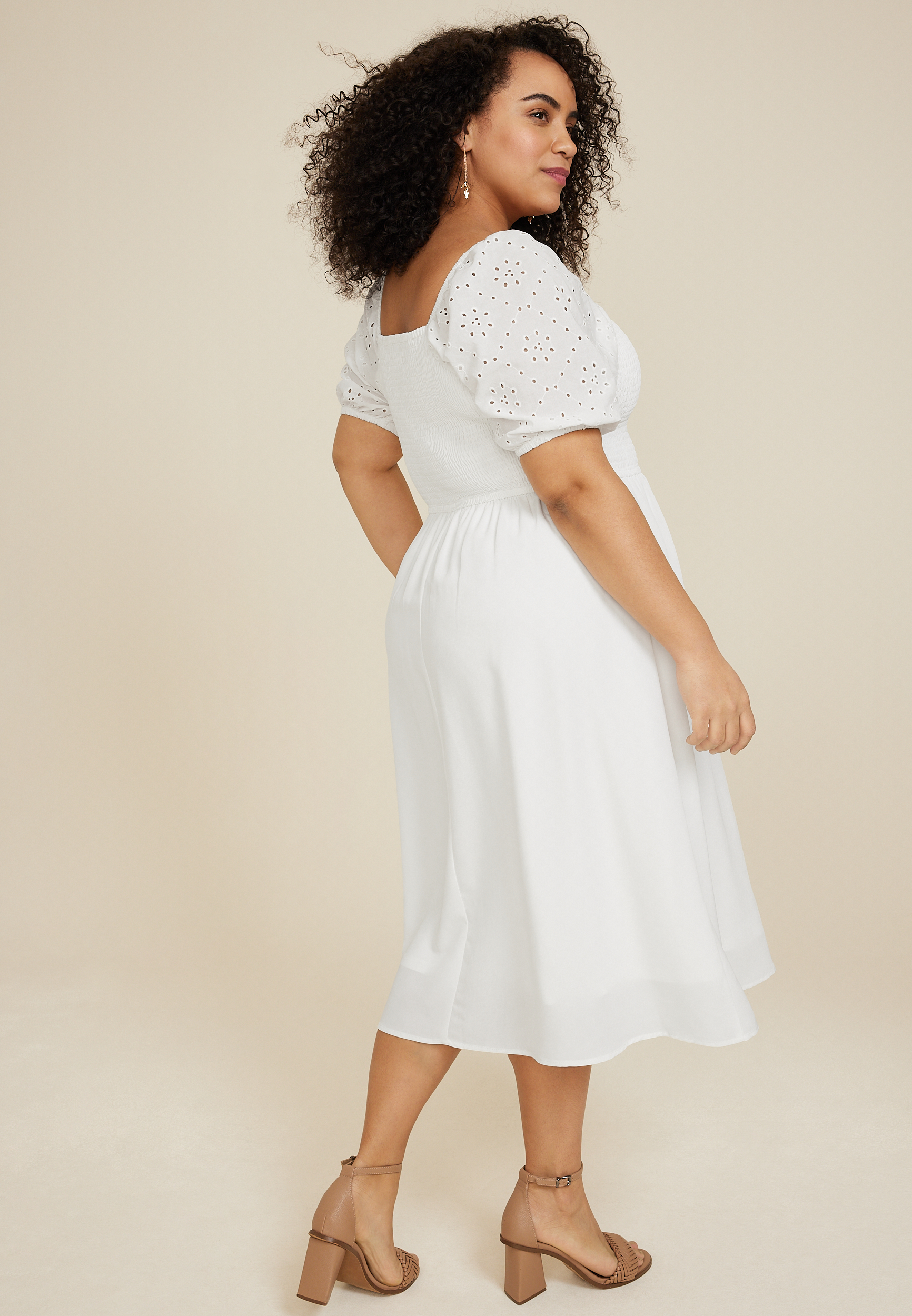 Plus Size Eyelet Puff Sleeve Midi Dress, C4673, large