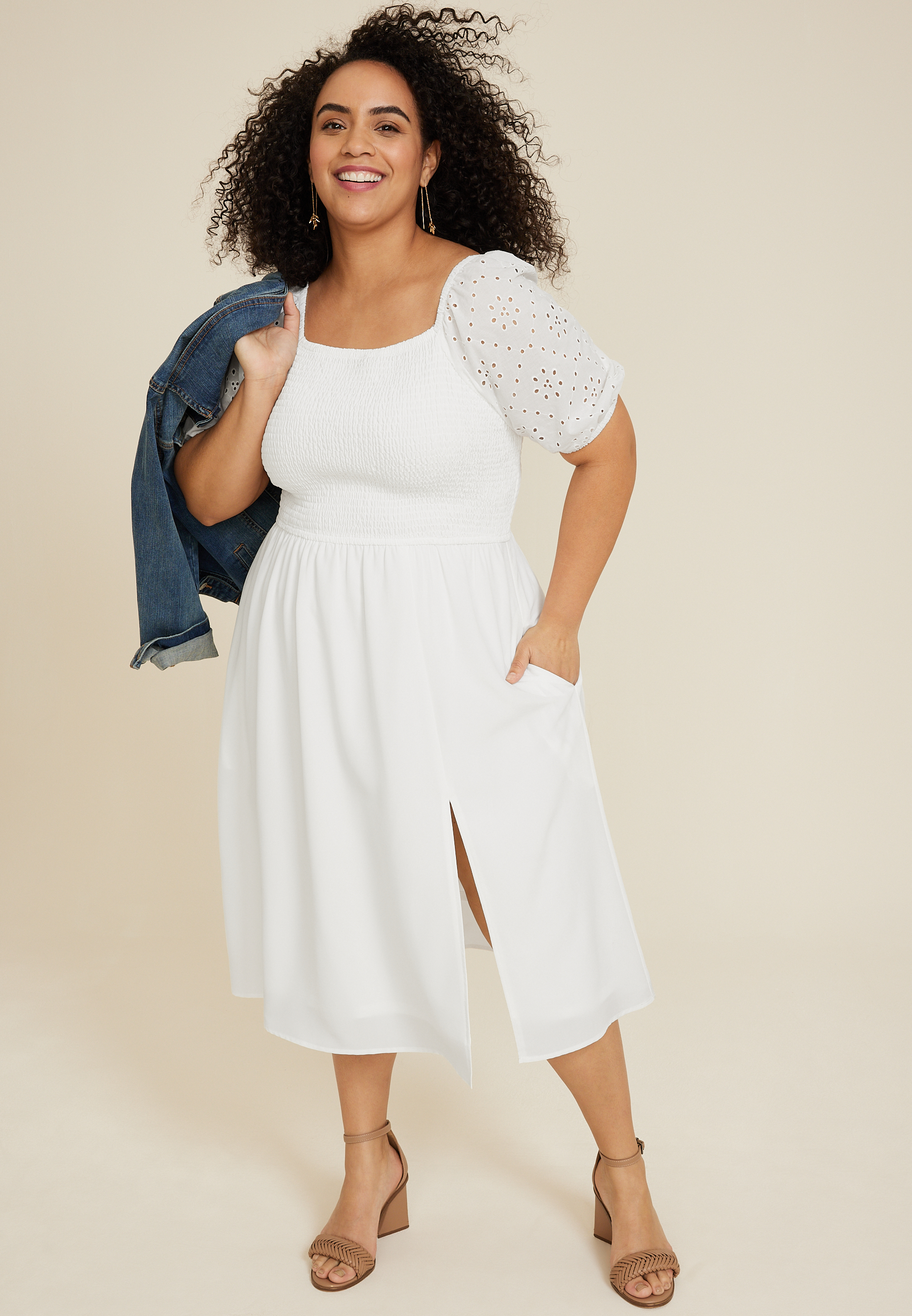 Plus Size Eyelet Puff Sleeve Midi Dress, C4673, large