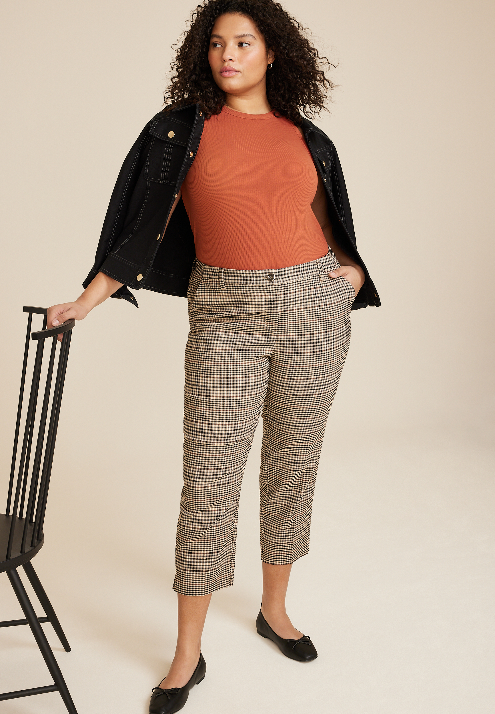 Plus Size Bengaline Plaid Straight Cropped Dress Pant, C5330, large