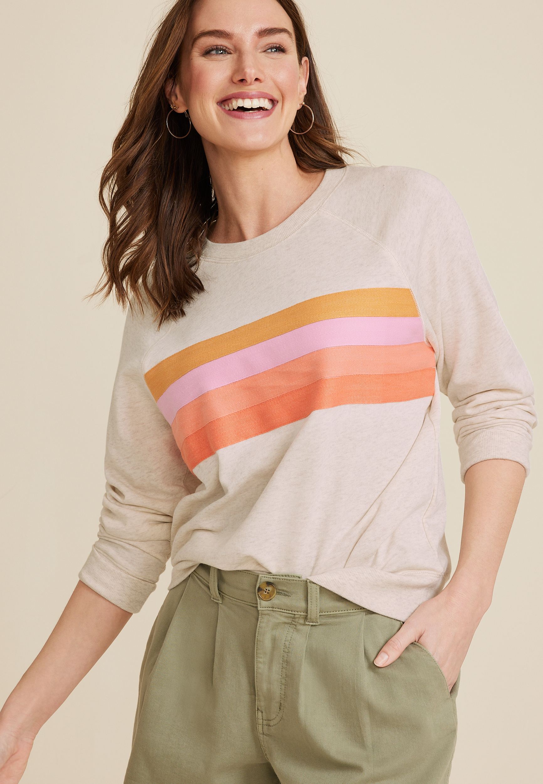 Twill Striped Crew Neck Sweatshirt, C2445, large