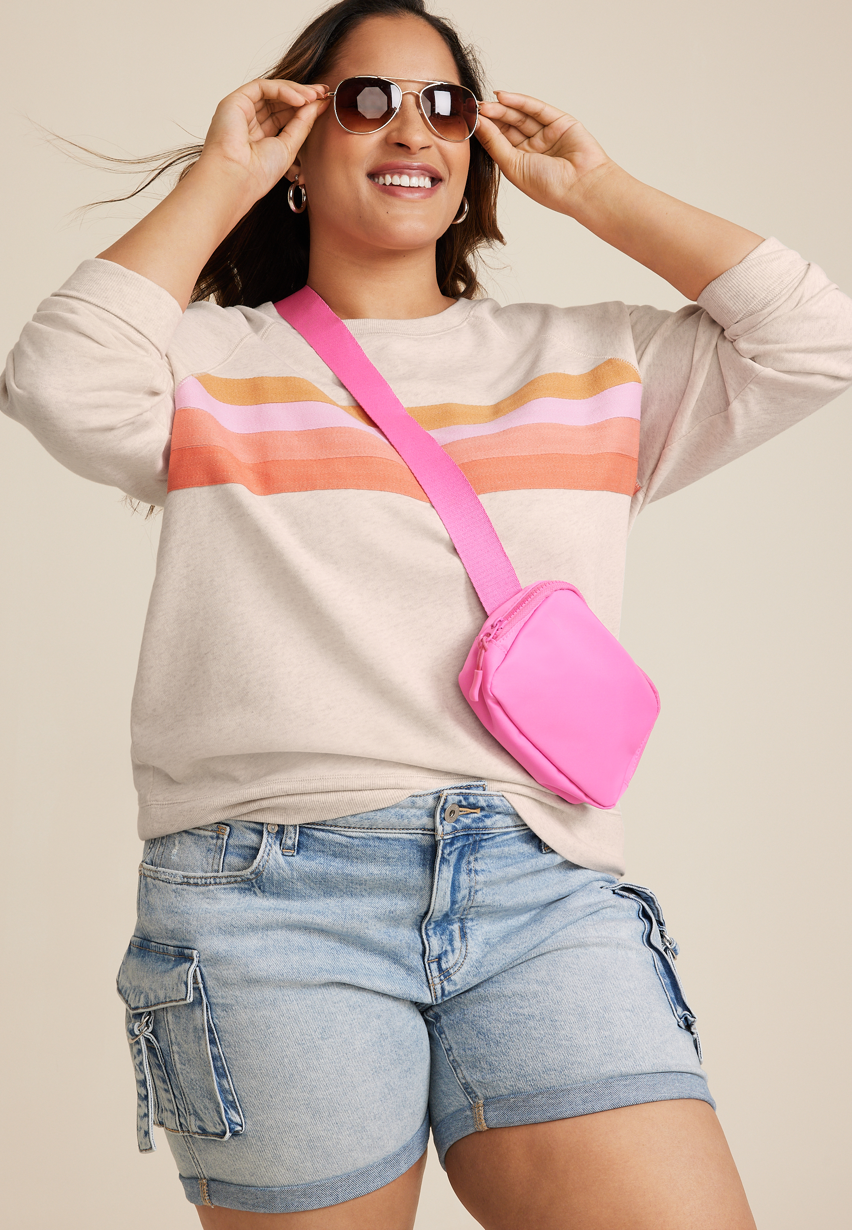 Plus Size Twill Striped Crew Neck Sweatshirt, LIGHT OATMEAL HEATHER, large