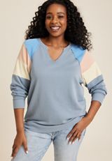 Plus Size Notch Neck Colorblock Sweatshirt, Blue Fade, small