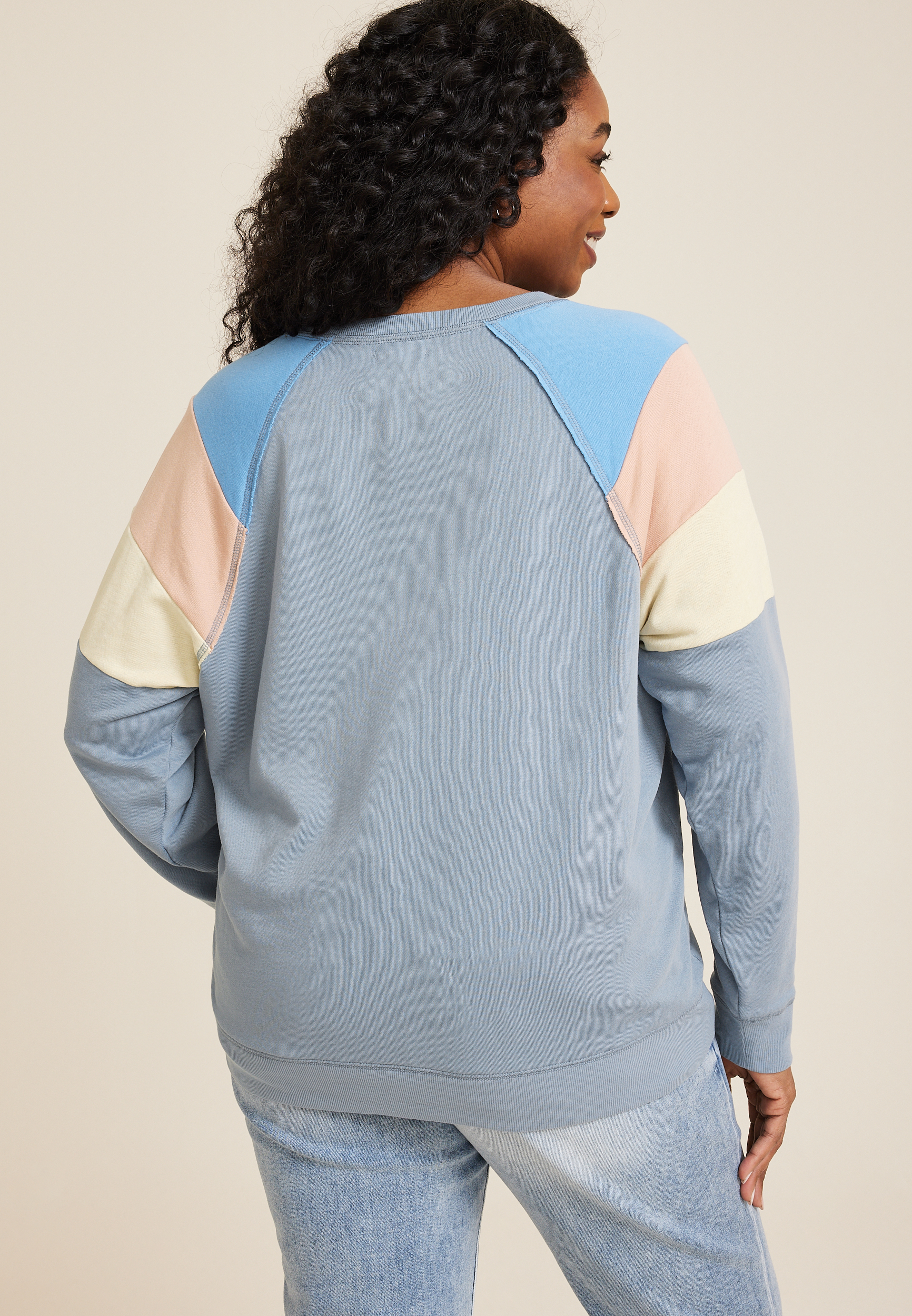 Plus Size Notch Neck Colorblock Sweatshirt, Blue Fade, large