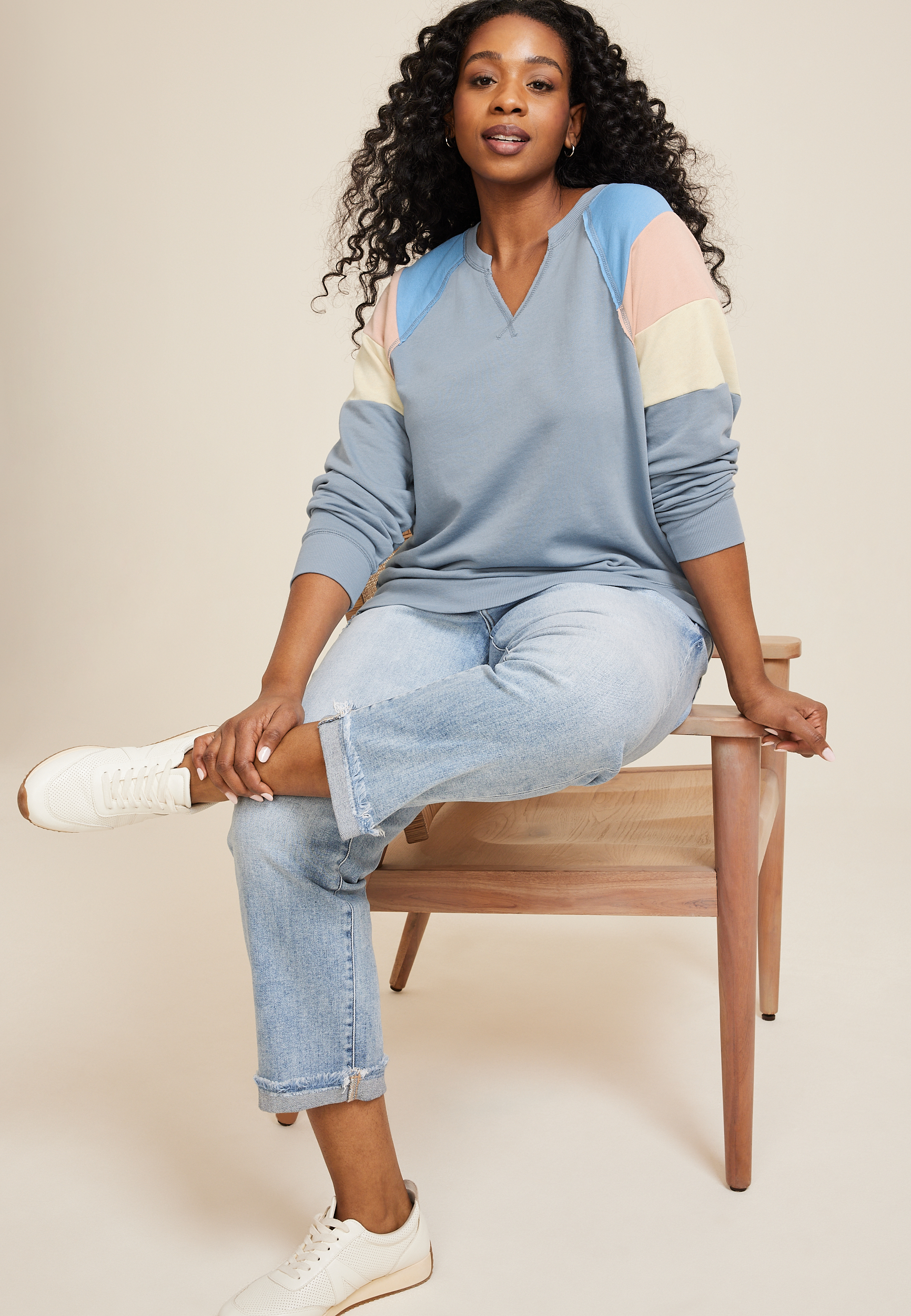 Plus Size Notch Neck Colorblock Sweatshirt, Blue Fade, large