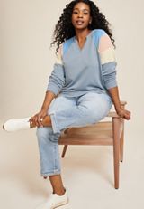 Plus Size Notch Neck Colorblock Sweatshirt, Blue Fade, small