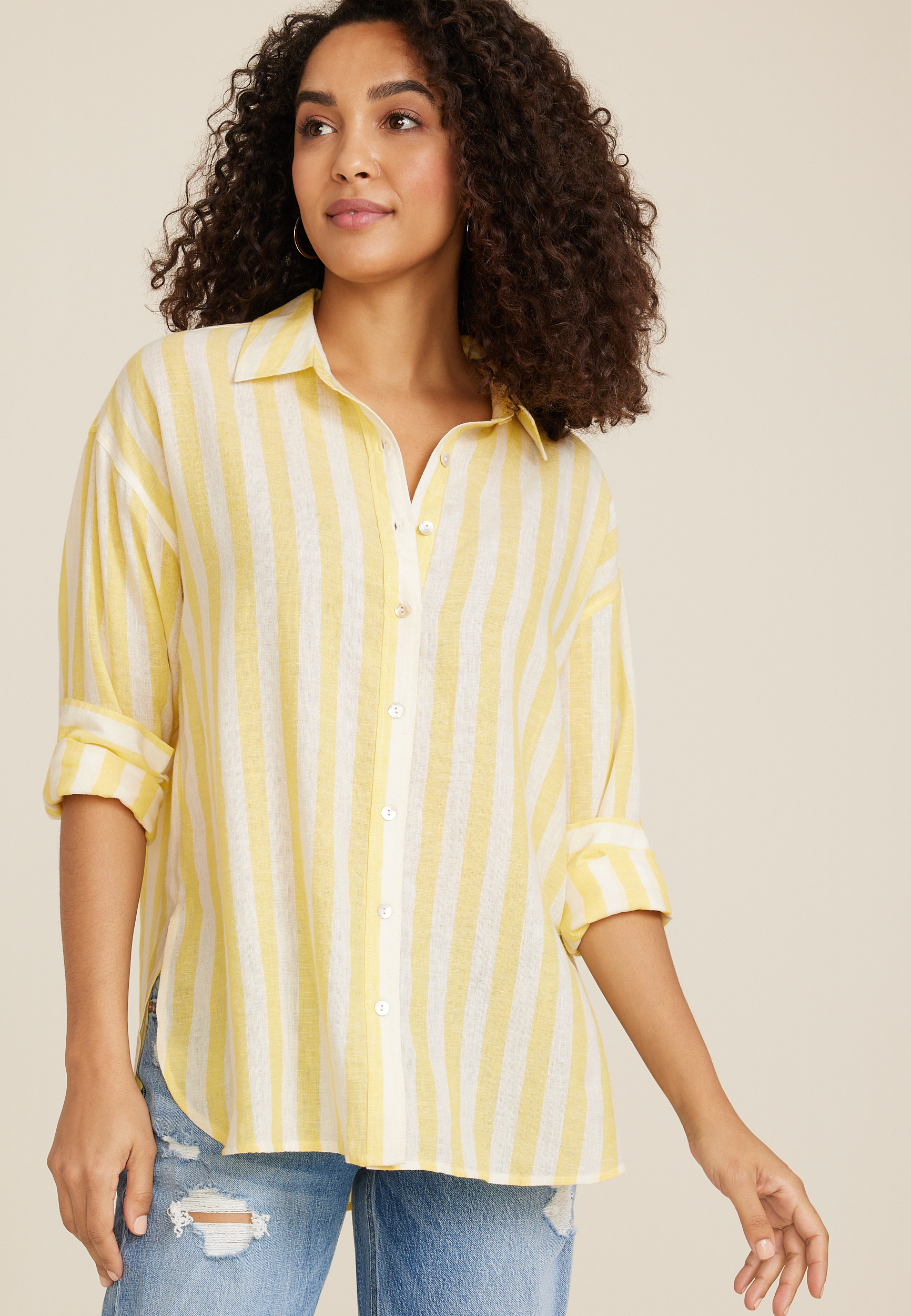 90s Oversized Striped Linen Button Up Shirt | maurices