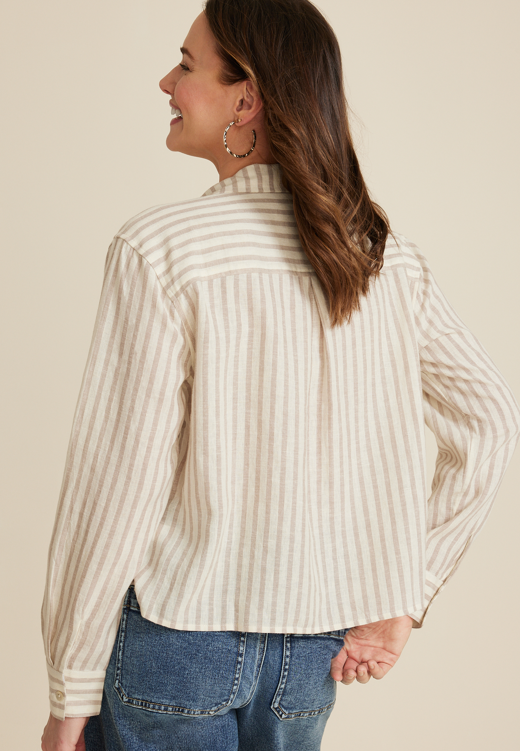 Cropped Striped Button Up Shirt, ECRU COMBO, large