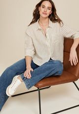 Cropped Striped Button Up Shirt, ECRU COMBO, small