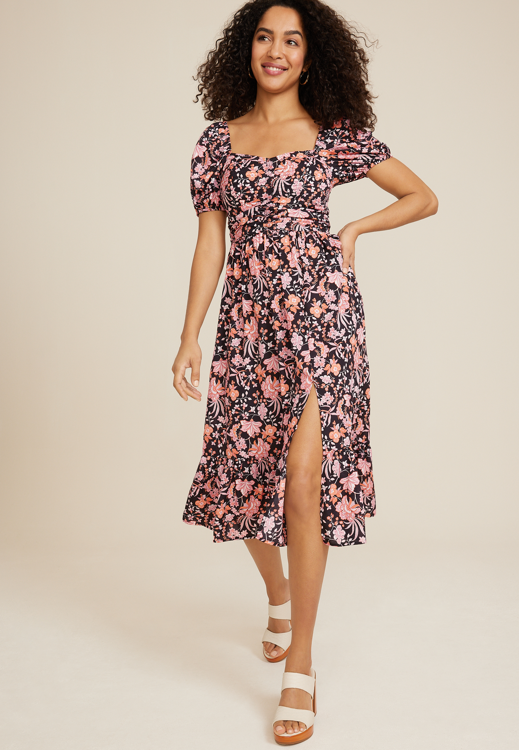 Floral Sweetheart Neck Midi Dress