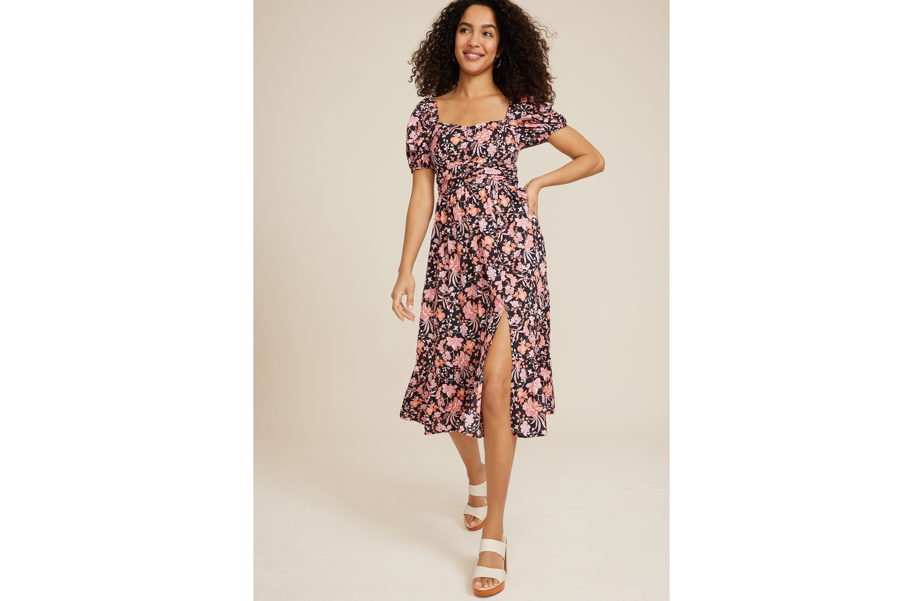 Floral Sweetheart Neck Midi Dress