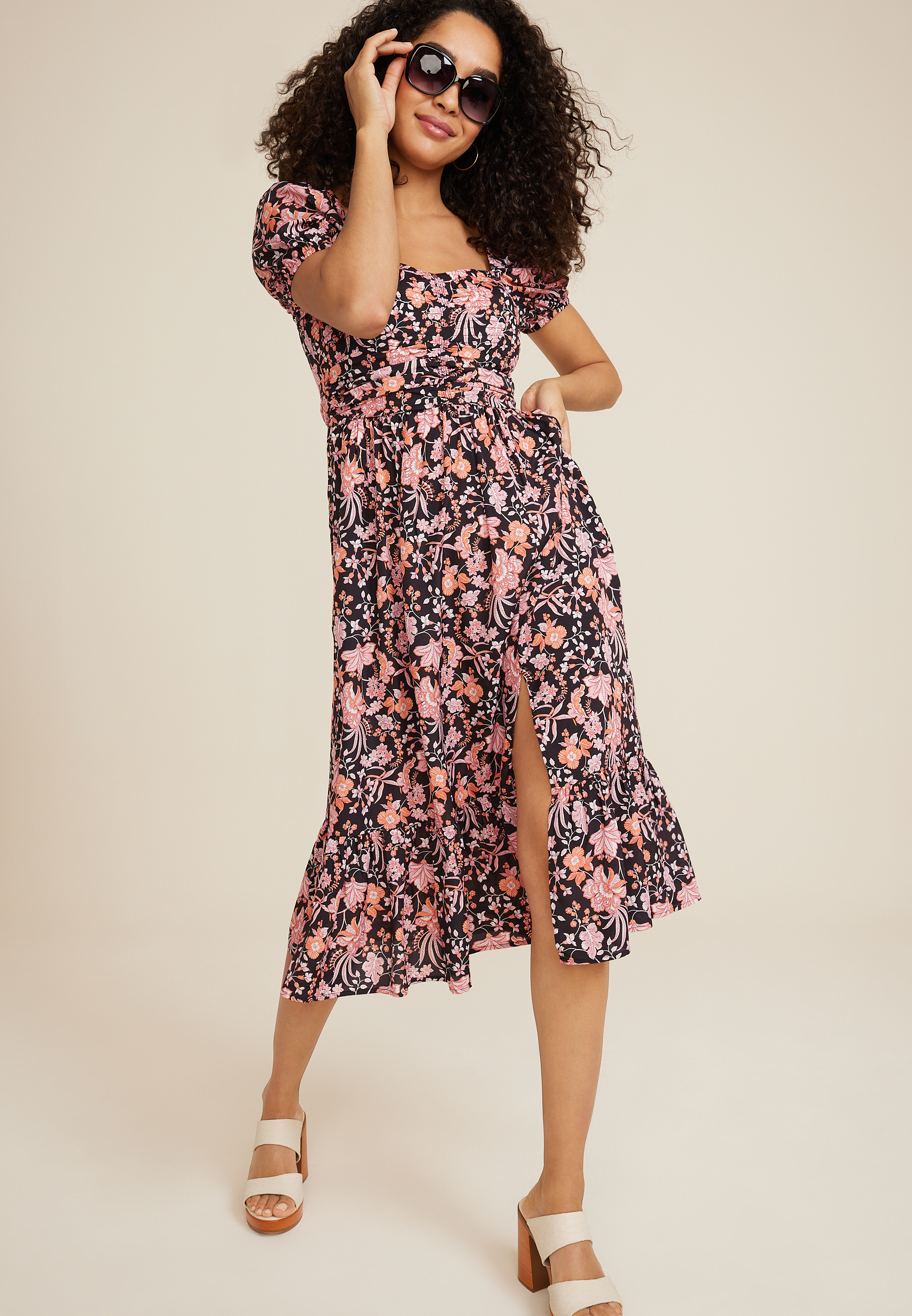 Floral Sweetheart Neck Midi Dress, C1756, large