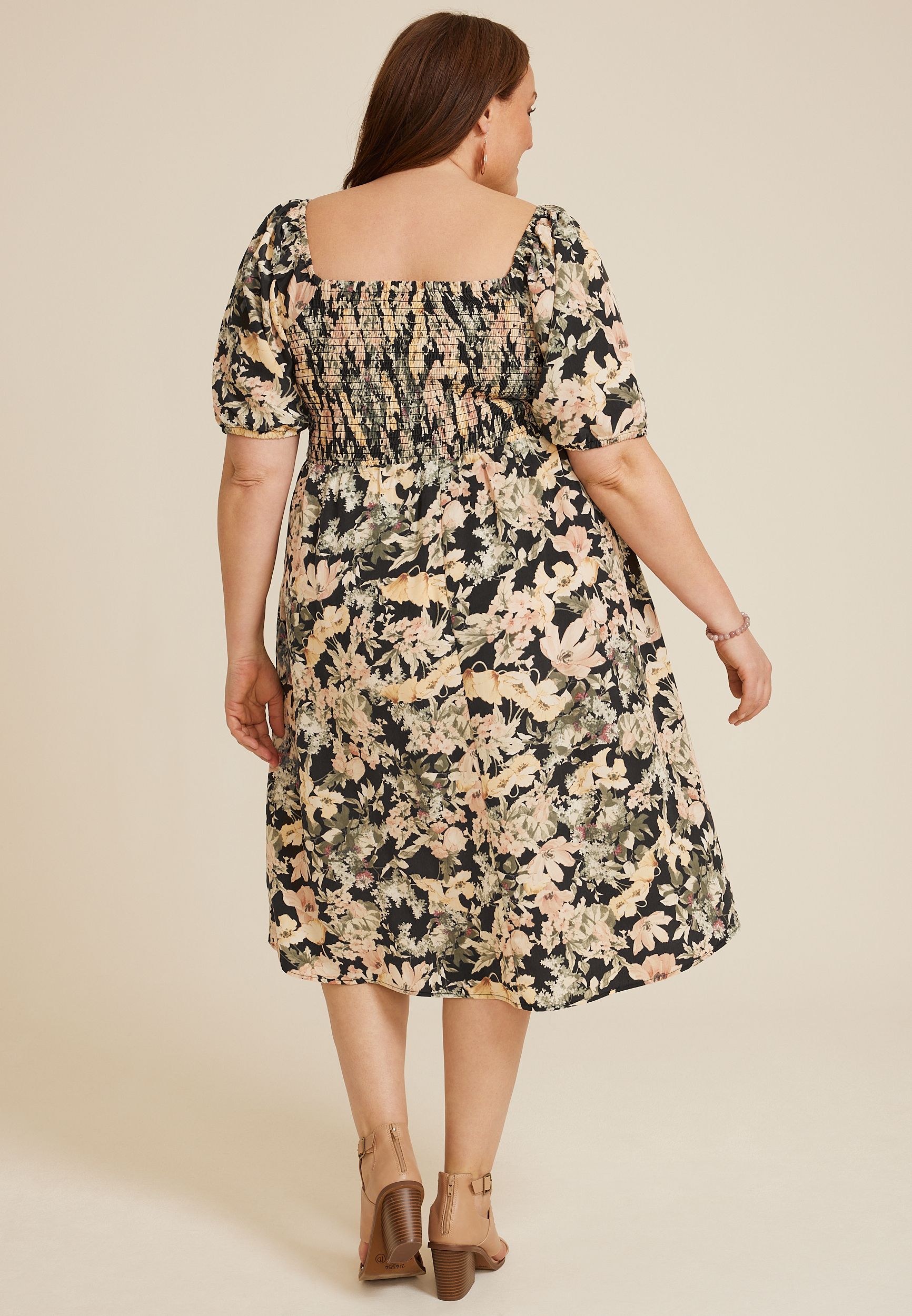 Plus Size Floral Puff Sleeve Midi Dress, BLACK COMBO, large