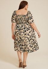 Plus Size Floral Puff Sleeve Midi Dress, BLACK COMBO, small