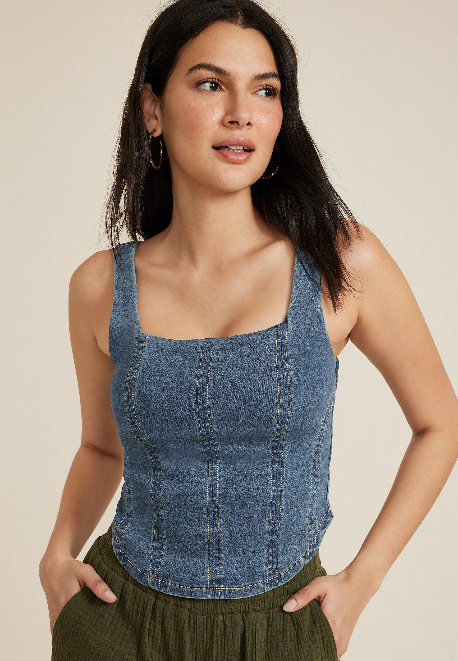 Denim Cropped Corset Tank Top | maurices