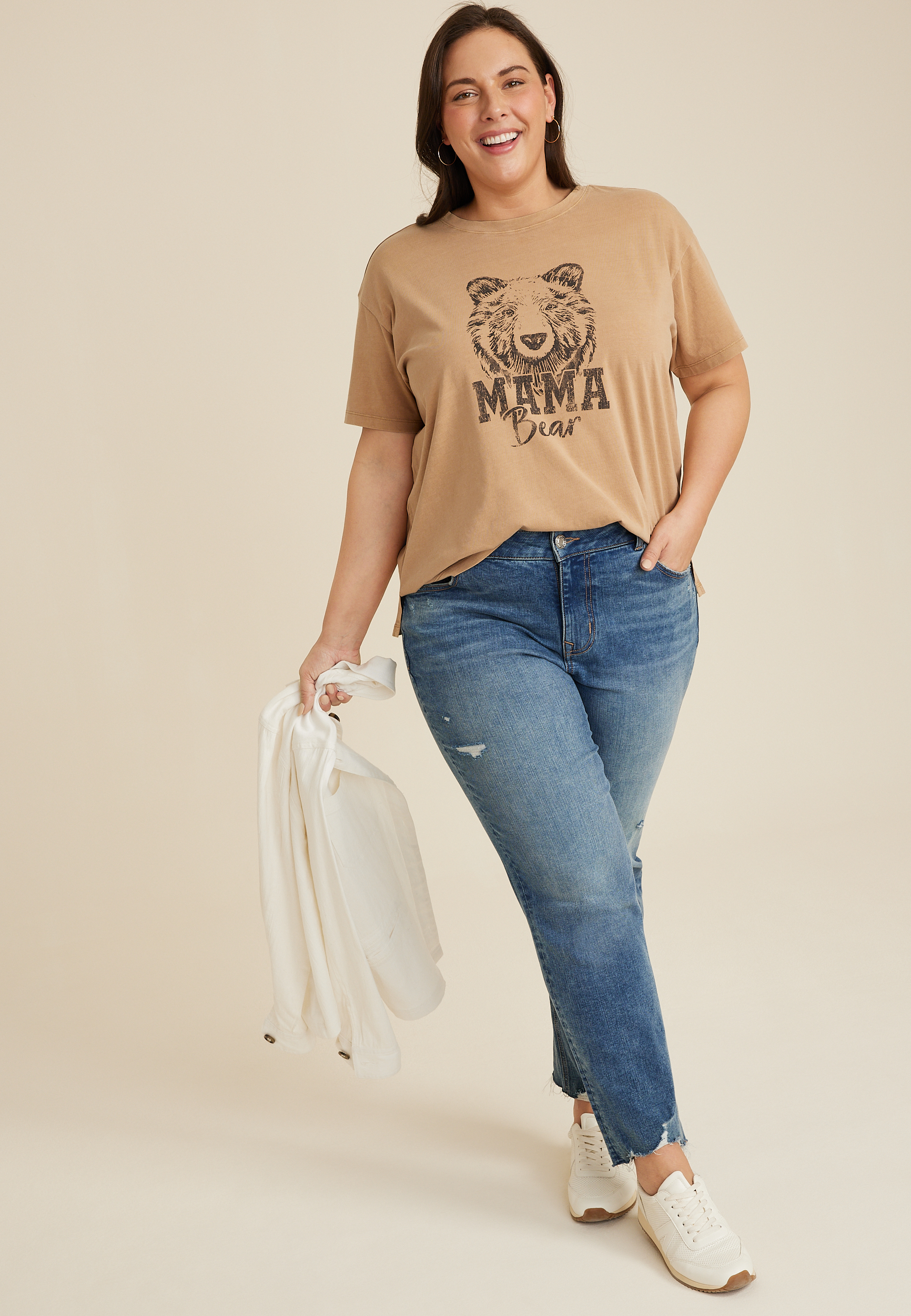 Plus Size Mama Bear Oversized Fit Graphic Tee, CAMEL, large