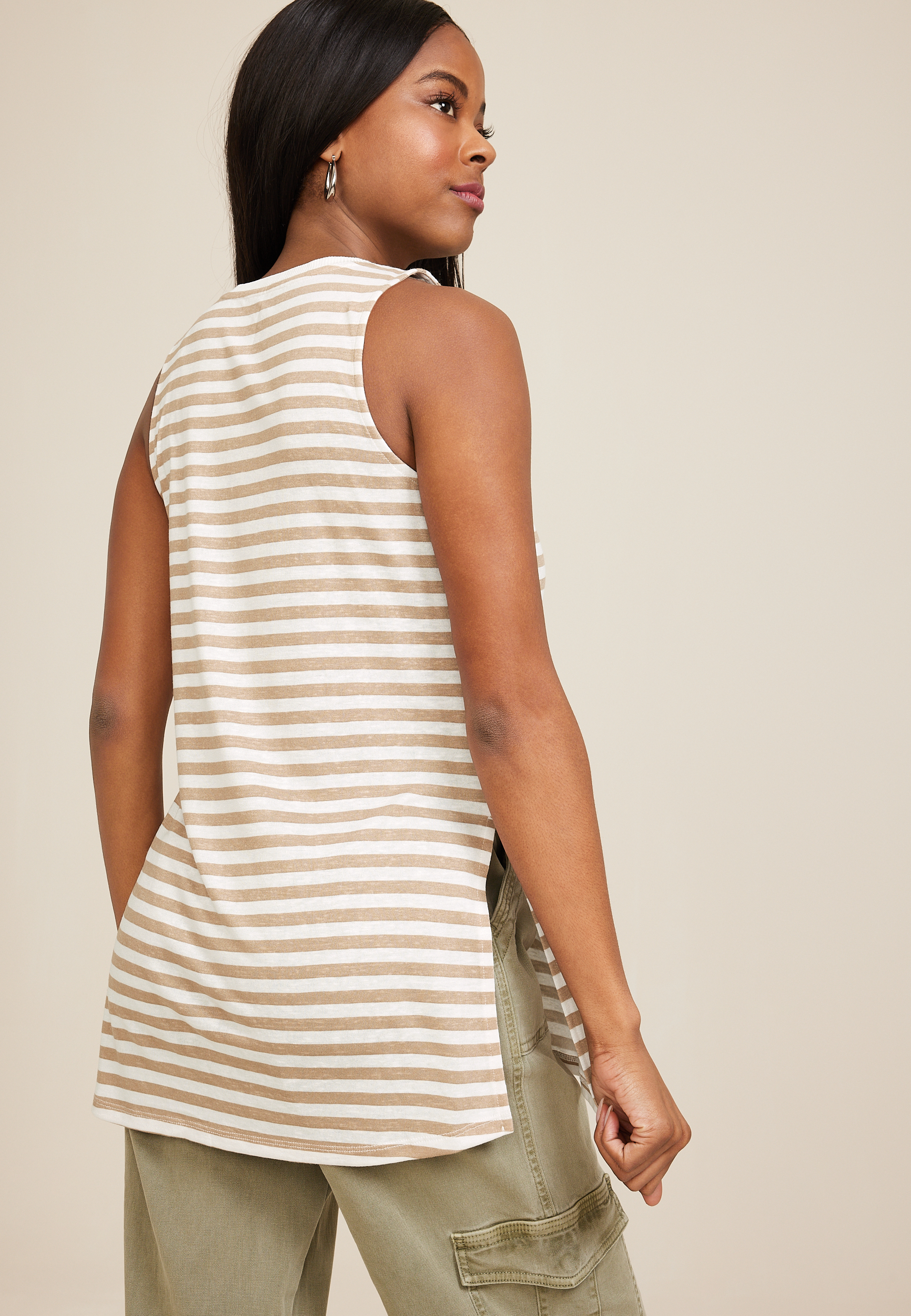 24/7 Striped Tunic Tank Top, KHAKI COMBO, large