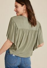 Smocked Butterfly Sleeve Top, OLIVE FOG, small