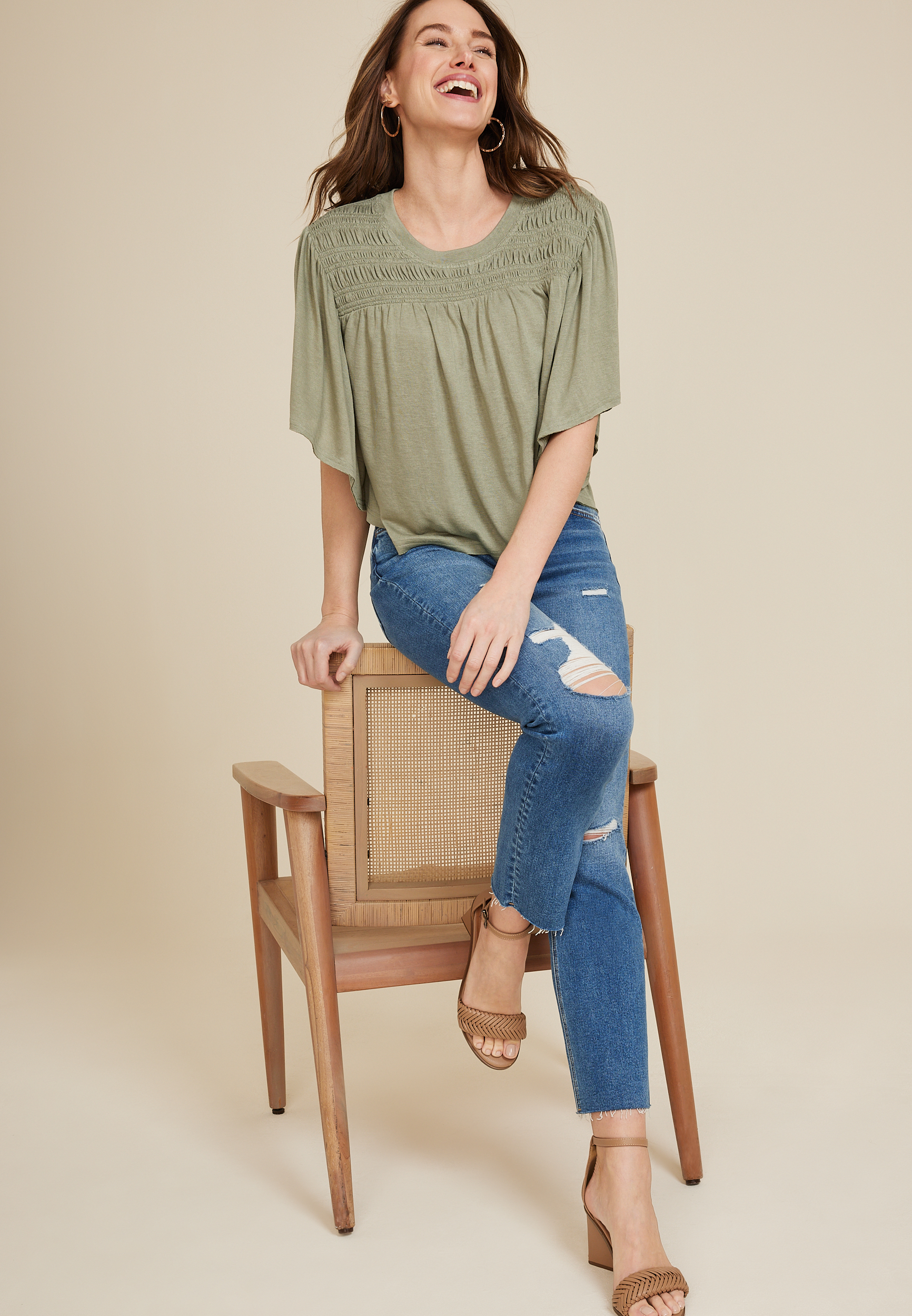 Smocked Butterfly Sleeve Top, OLIVE FOG, large