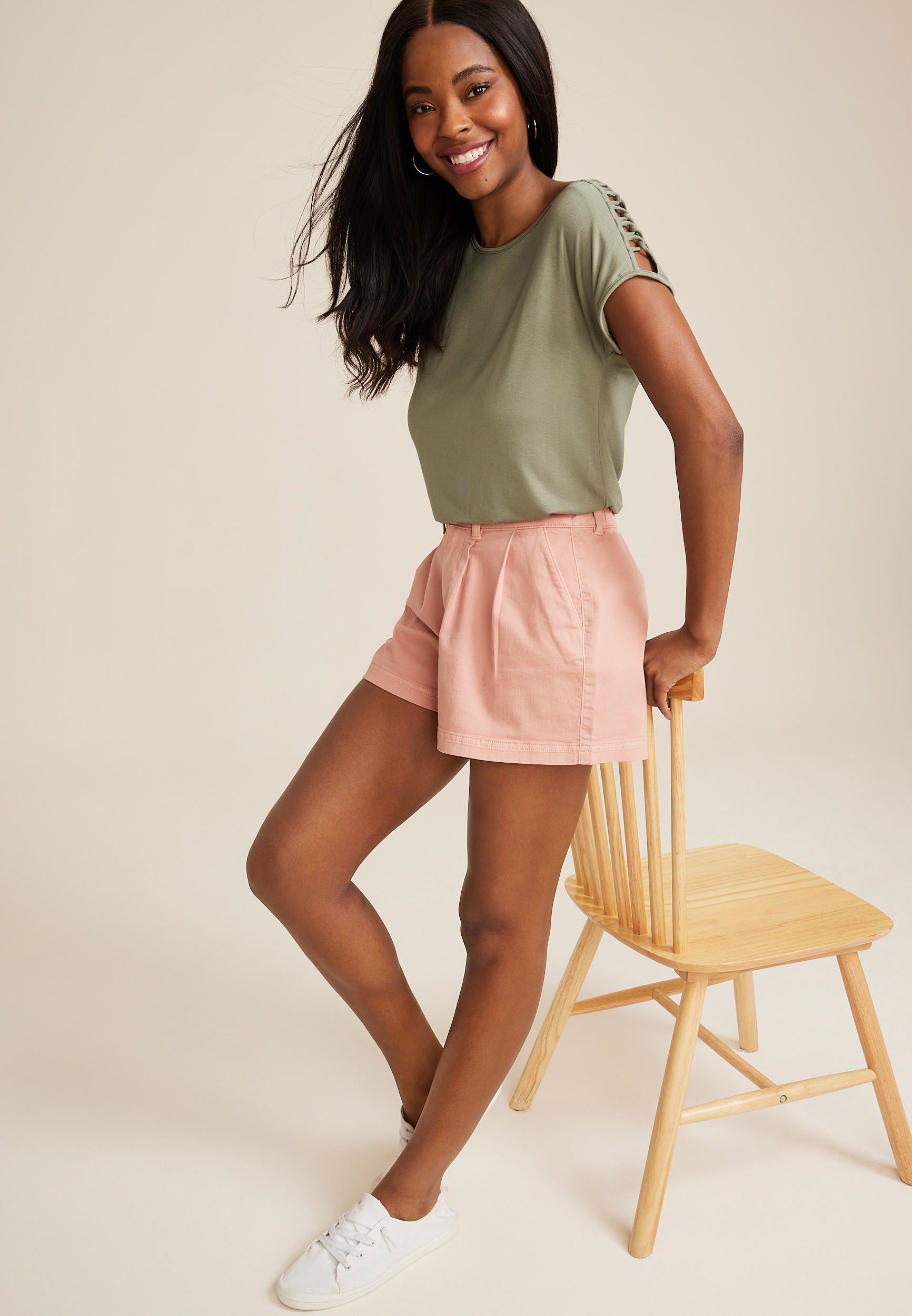 Lattice Shoulder Short Sleeve Tee, OLIVE FOG, large