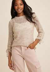 Marled Pointelle Cinched Sleeve Sweater, C6074, small