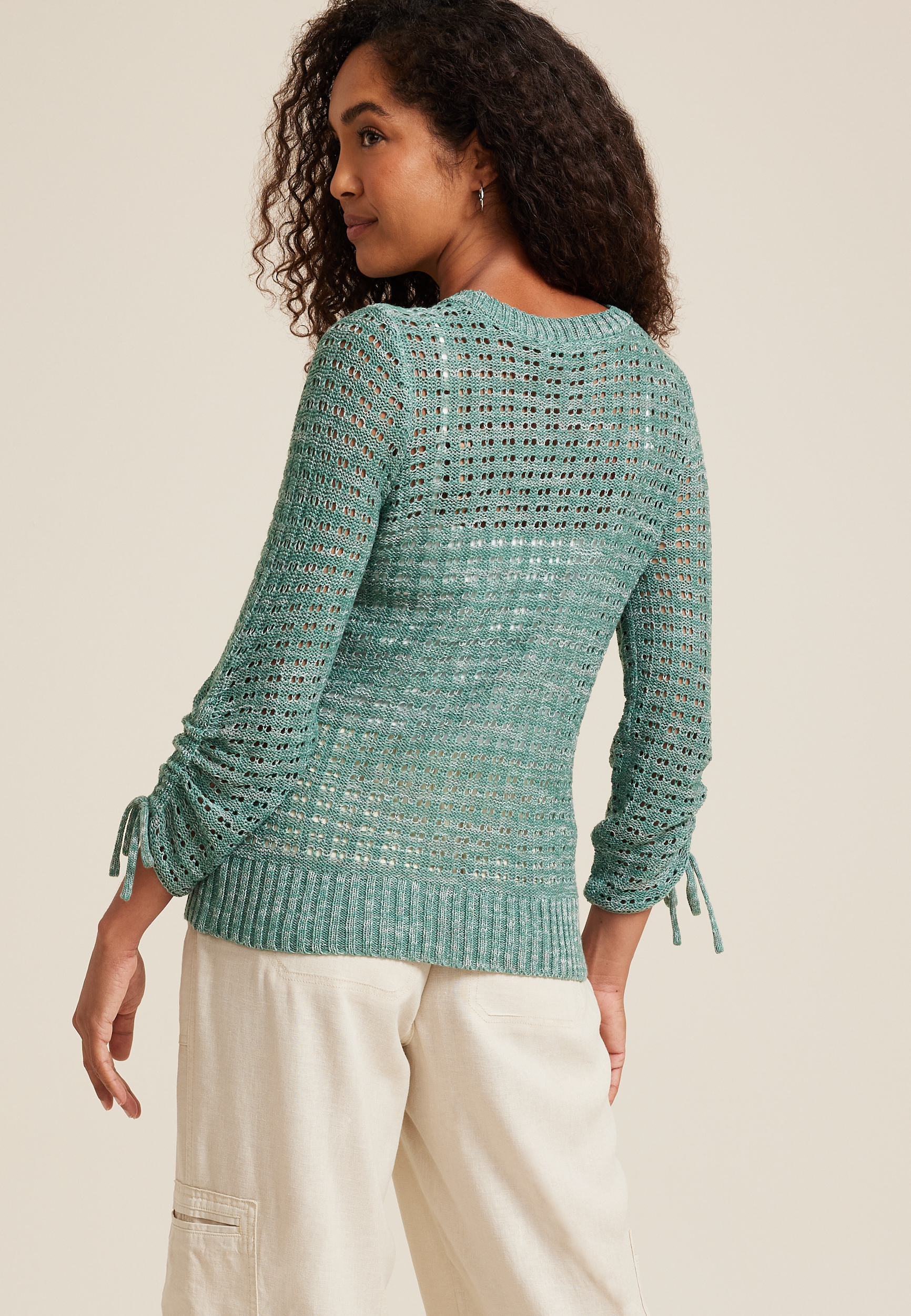 Marled Pointelle Cinched Sleeve Sweater