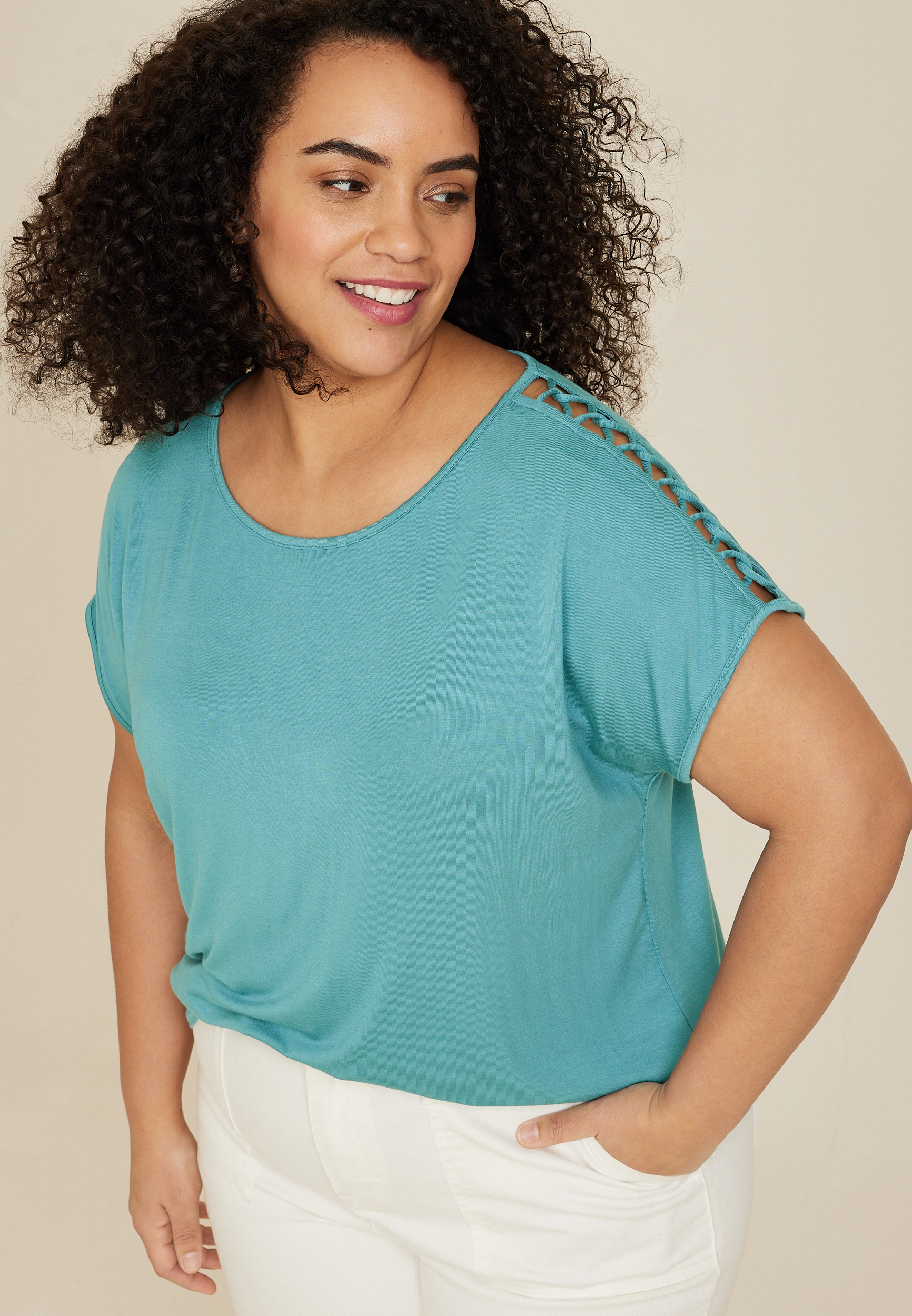 Plump woman. Plus size young people, fashion clothes for