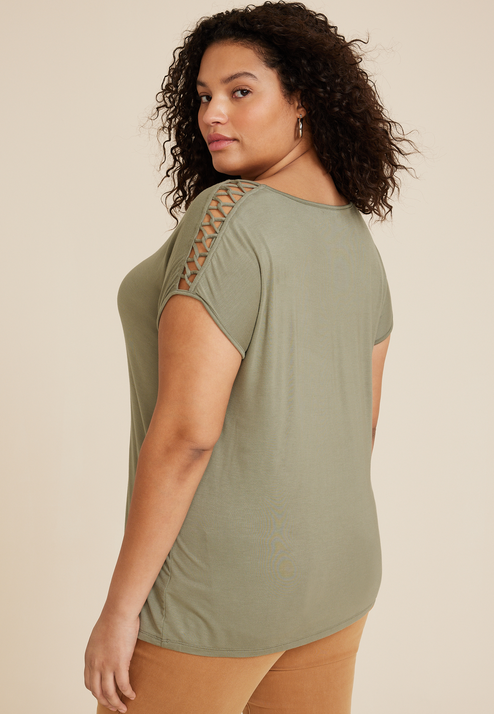 Plus Size Lattice Shoulder Short Sleeve Tee, C425, large