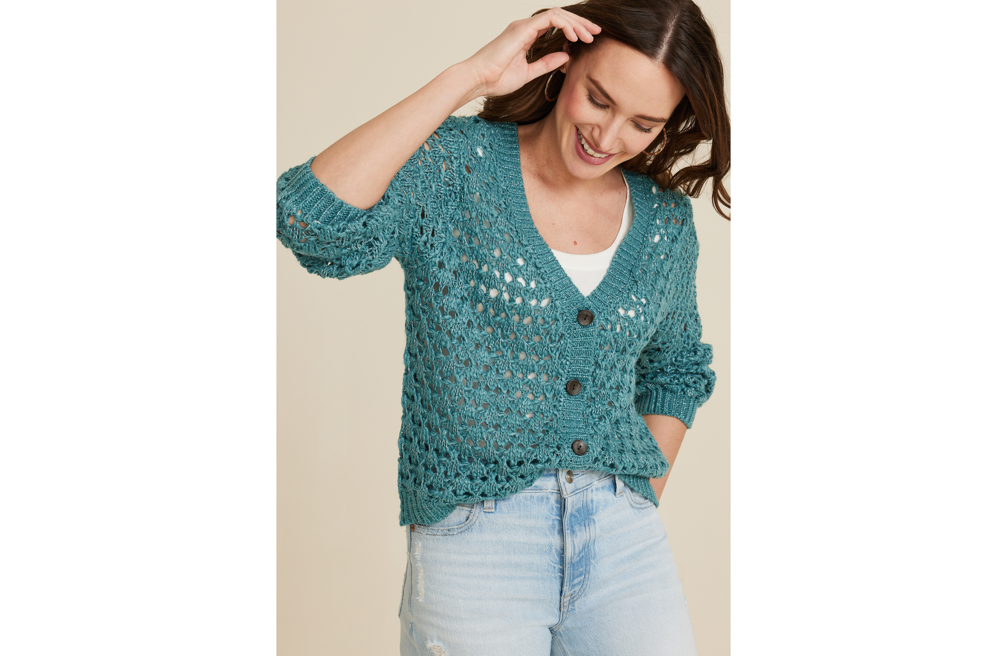 Metallic Open Stitch Button Up Cardigan