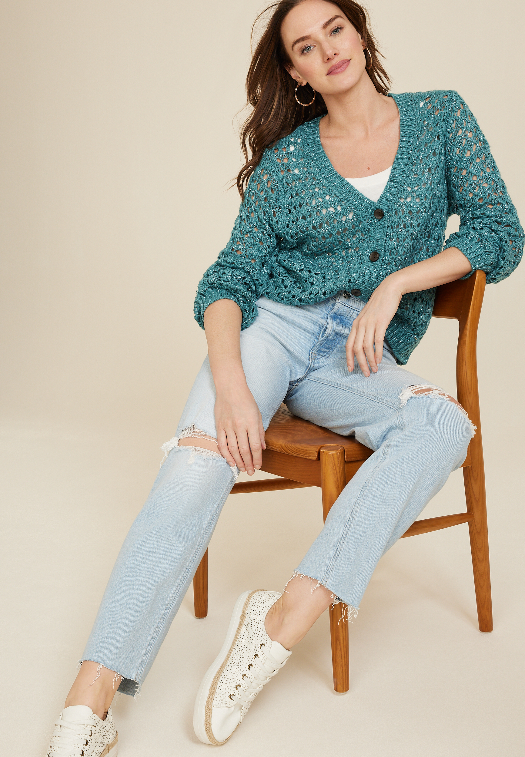 Metallic Open Stitch Button Up Cardigan