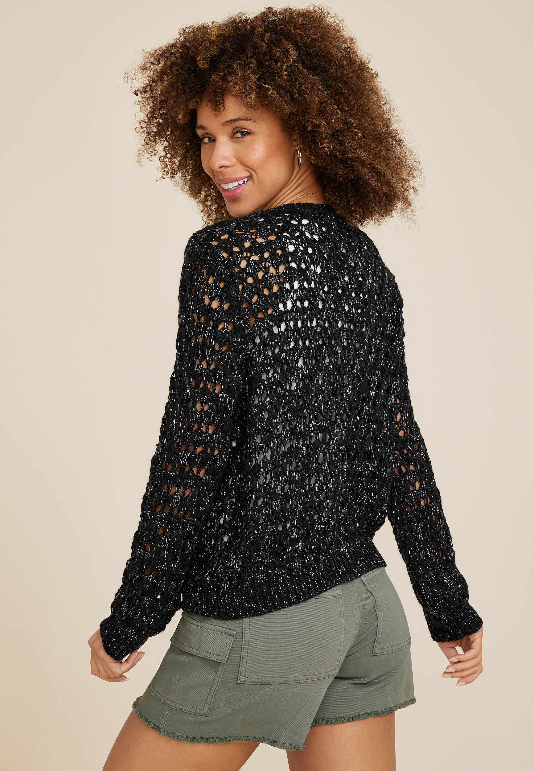 Metallic Open Stitch Button Up Cardigan, C3398, large