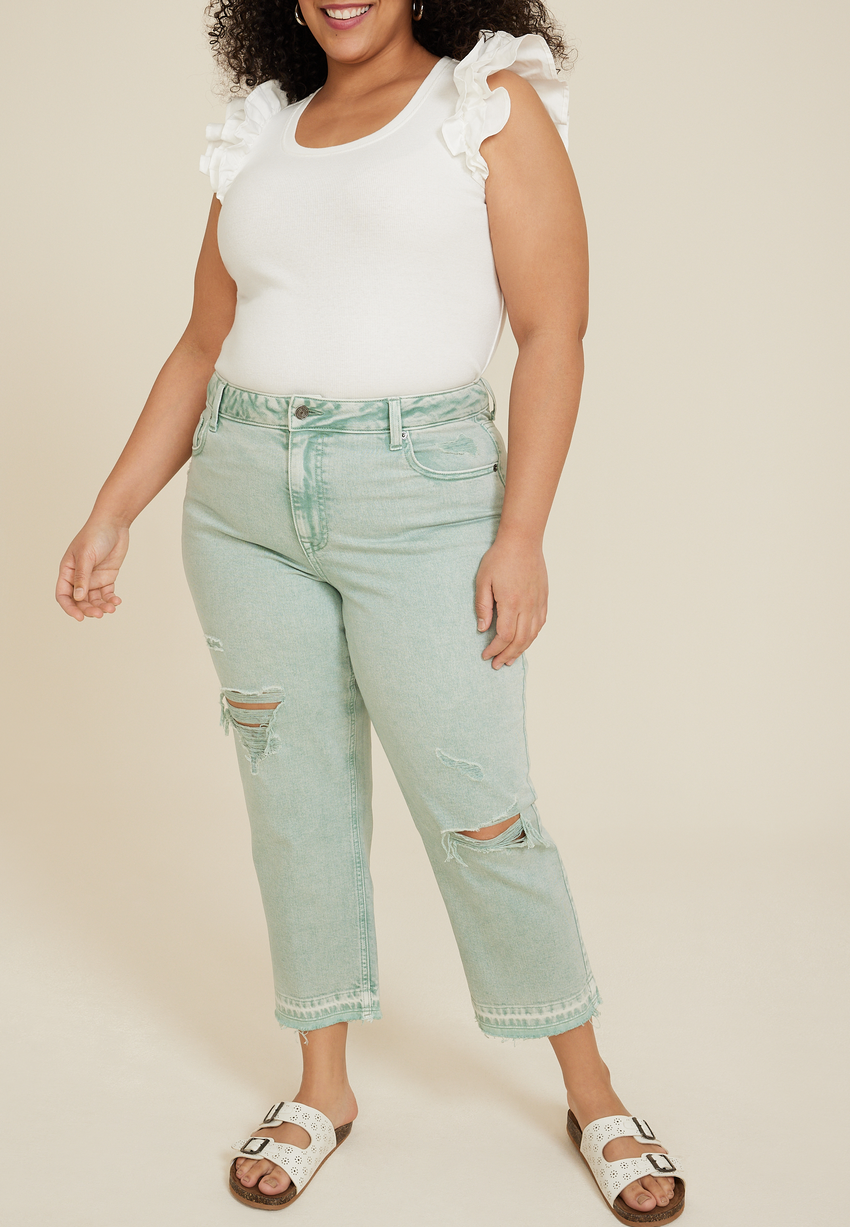 Plus-Size Mid-Rise Capri Jeggings. (6 Pack) • Faux front button closure •  Mid-rise • 5 Pockets • Faded color accents • Skinny capri leg • Super soft,  stretchy • Pull up styling