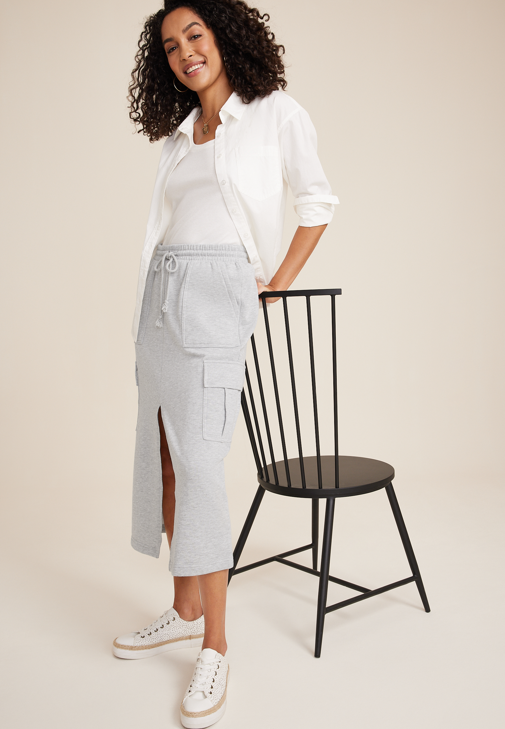 High Rise Fleece Cargo Maxi Skirt, LIGHT HEATHER GRAY, large