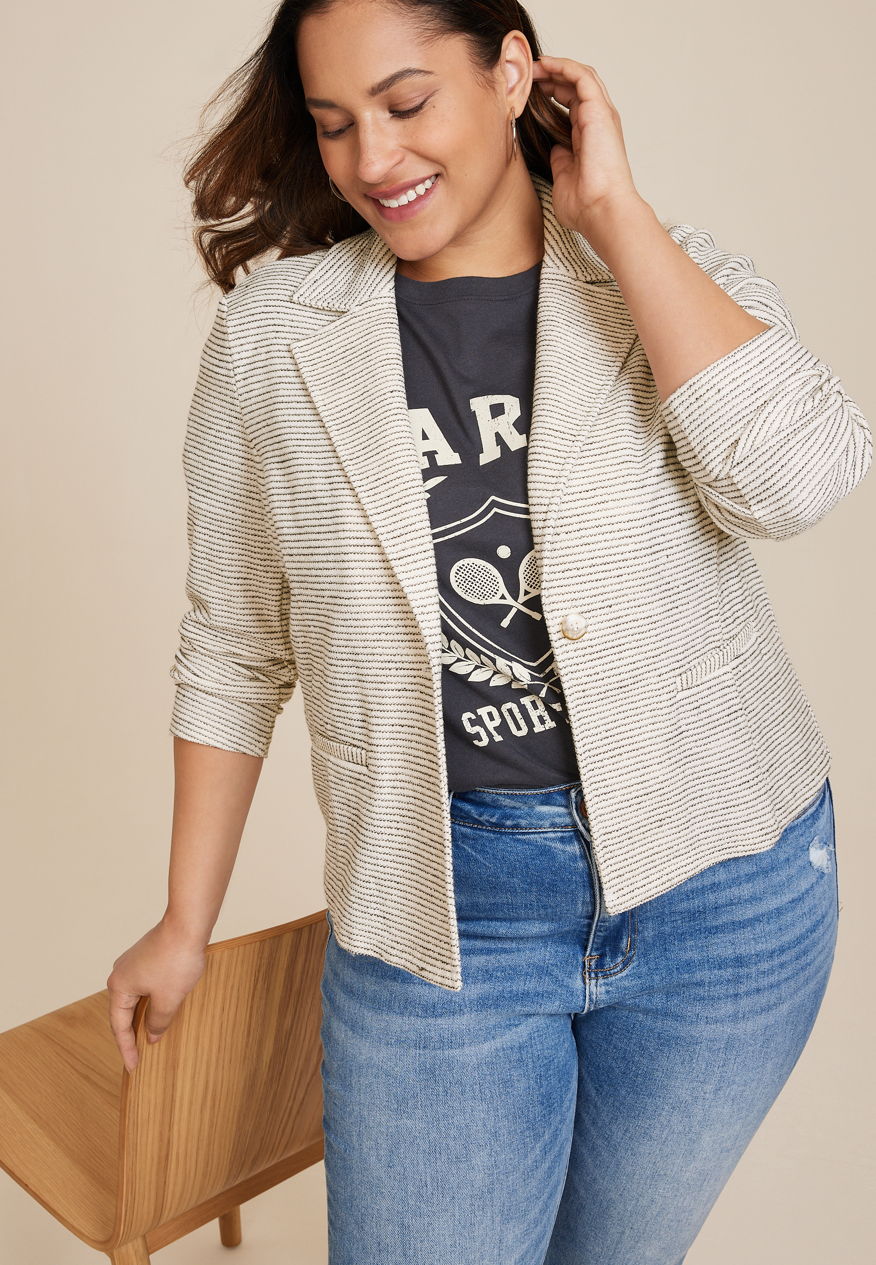 Plus Size Striped Knit Blazer, NATURAL COMBO, large