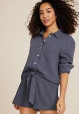 Cropped Double Cloth Relaxed Button Up Shirt, C5105, small