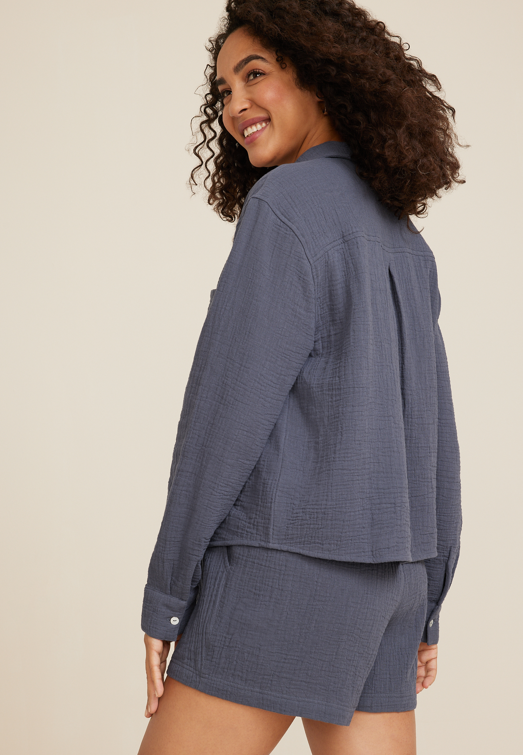 Cropped Double Cloth Relaxed Button Up Shirt, C5105, large