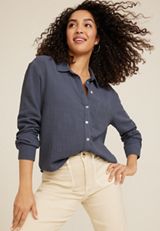 Cropped Double Cloth Relaxed Button Up Shirt, C5105, small