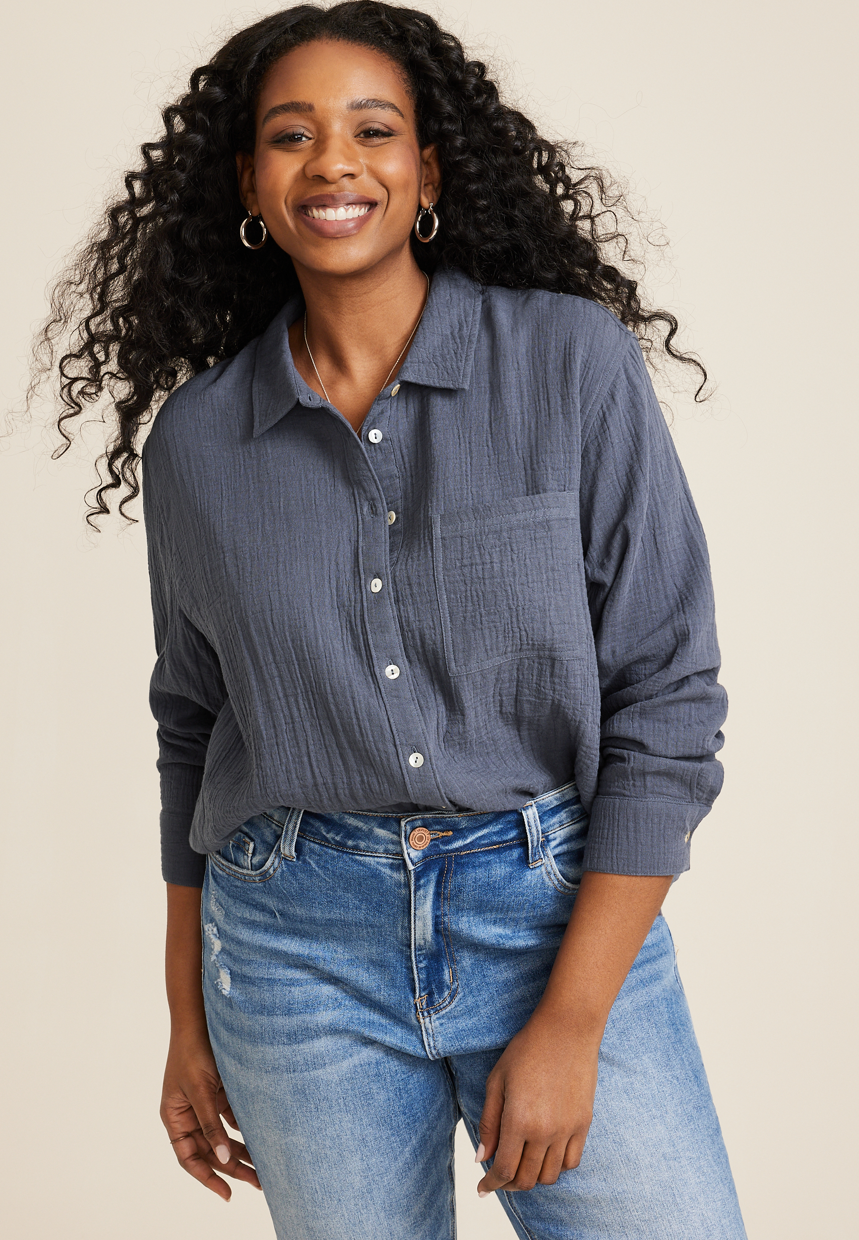 Plus Size Cropped Double Cloth Relaxed Button Up Shirt | maurices