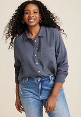 Plus Size Cropped Double Cloth Relaxed Button Up Shirt, C5105, small