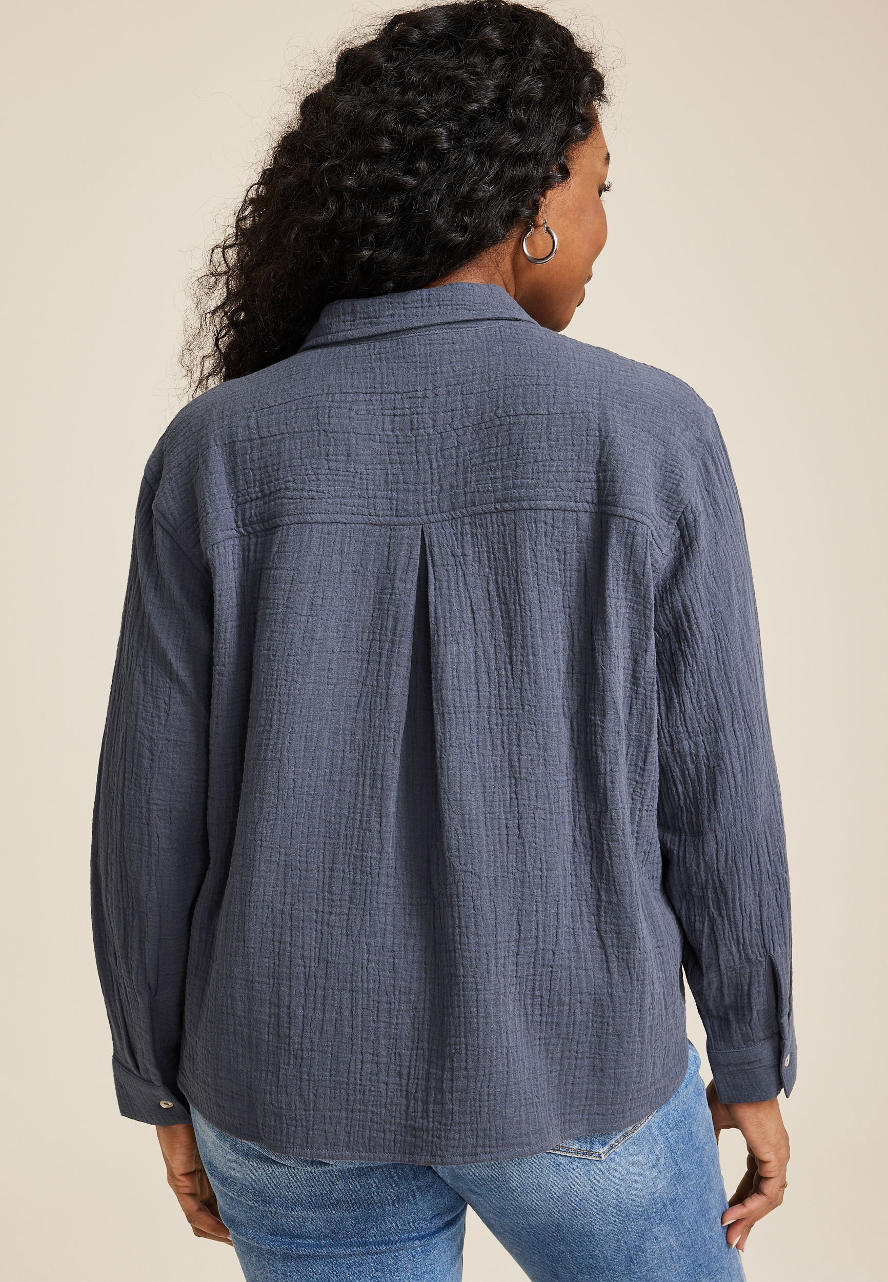 Plus Size Cropped Double Cloth Relaxed Button Up Shirt, C5105, large