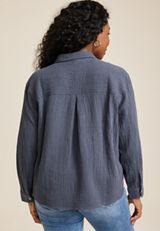 Plus Size Cropped Double Cloth Relaxed Button Up Shirt, C5105, small