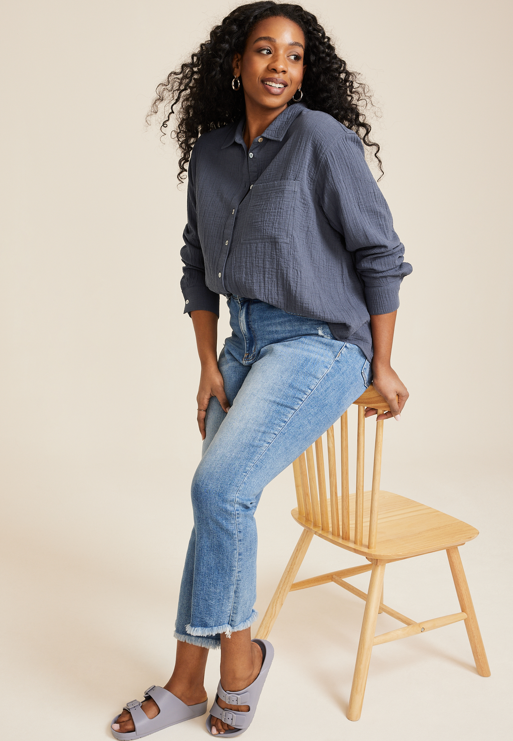 Plus Size Cropped Double Cloth Relaxed Button Up Shirt, C5105, large